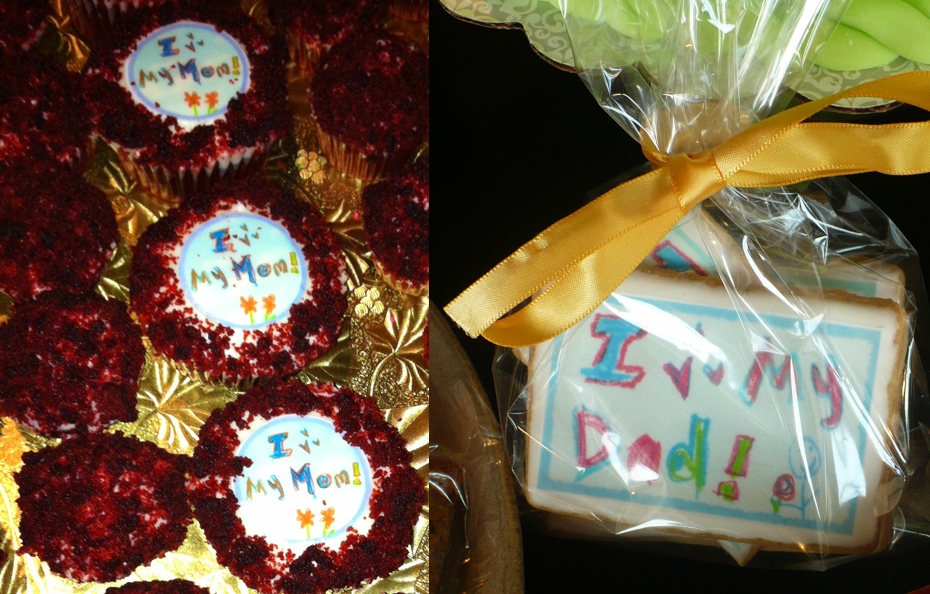 Red velvet cupcake and cookies decorated with I heart you